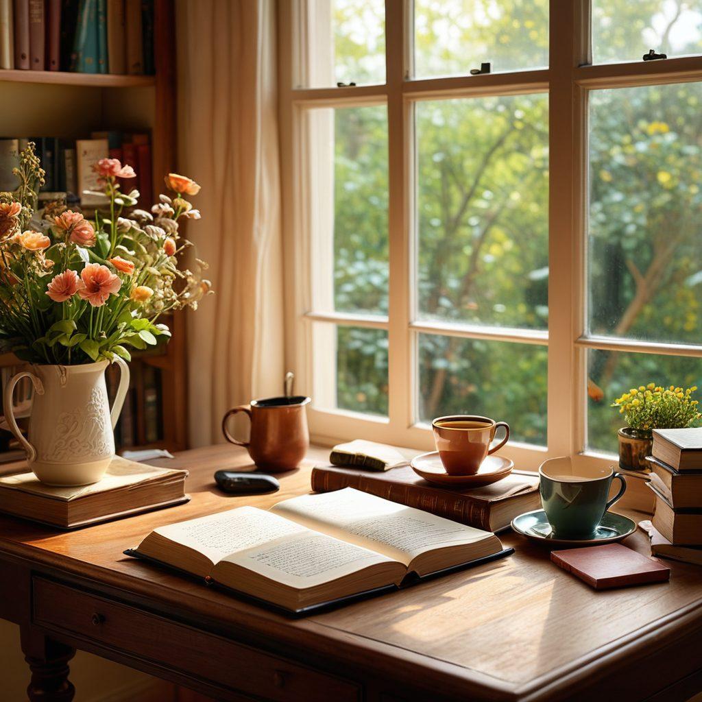 A cozy, inviting writing nook with a beautifully crafted wooden desk, a steaming cup of coffee, an open journal filled with elegant handwriting, and a picturesque window view of a tranquil garden. Gentle sunlight filters through, enveloping the scene in warmth. Scattered around are colorful stationery, an inspirational quote on the wall, and a bookshelf filled with classic literature. super-realistic. warm colors. soft lighting.