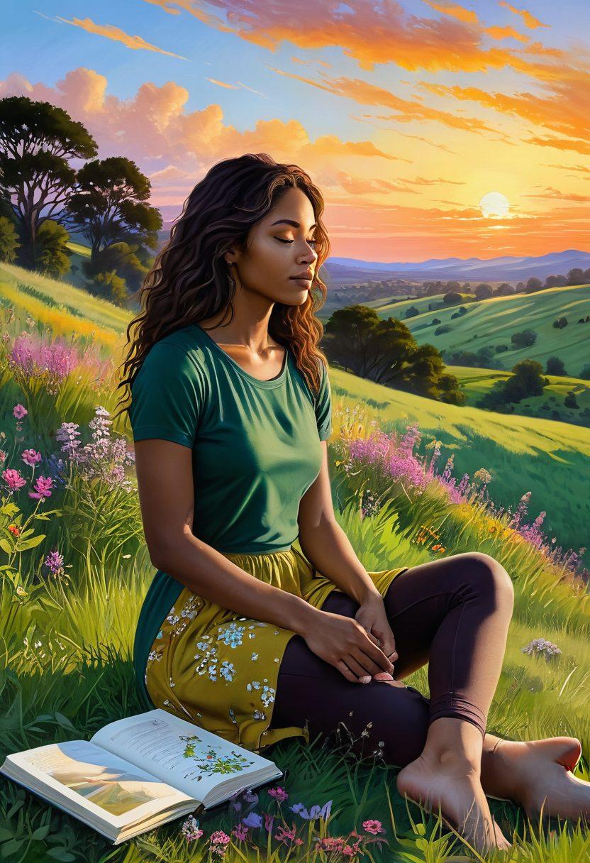 A serene morning scene featuring a young woman named Tamika sitting cross-legged on a lush green hill, surrounded by vibrant wildflowers, with a sketchbook in her lap and a colorful sunset painting the sky. She gazes thoughtfully into the distance, with soft rays of sunlight illuminating her face, symbolizing inspiration and inner creativity. Include subtle artistic elements like paint splatters and doodles floating around her. super-realistic. vibrant colors. warm tones.