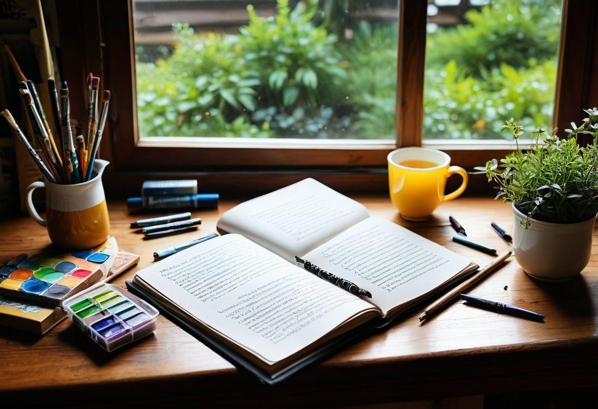A cozy, inviting journal open on a rustic wooden table surrounded by colorful art supplies, a steaming cup of tea, and a window showcasing a serene garden outside. Soft sunlight filters through the window, illuminating personal notes and whimsical doodles within the journal. In the background, a hint of creative chaos with inspirational quotes on the walls. Evoke a sense of warmth, creativity, and personal reflection. super-realistic. vibrant colors. warm lighting.